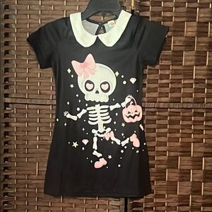 Black Skeleton Print Kids Casual Dress